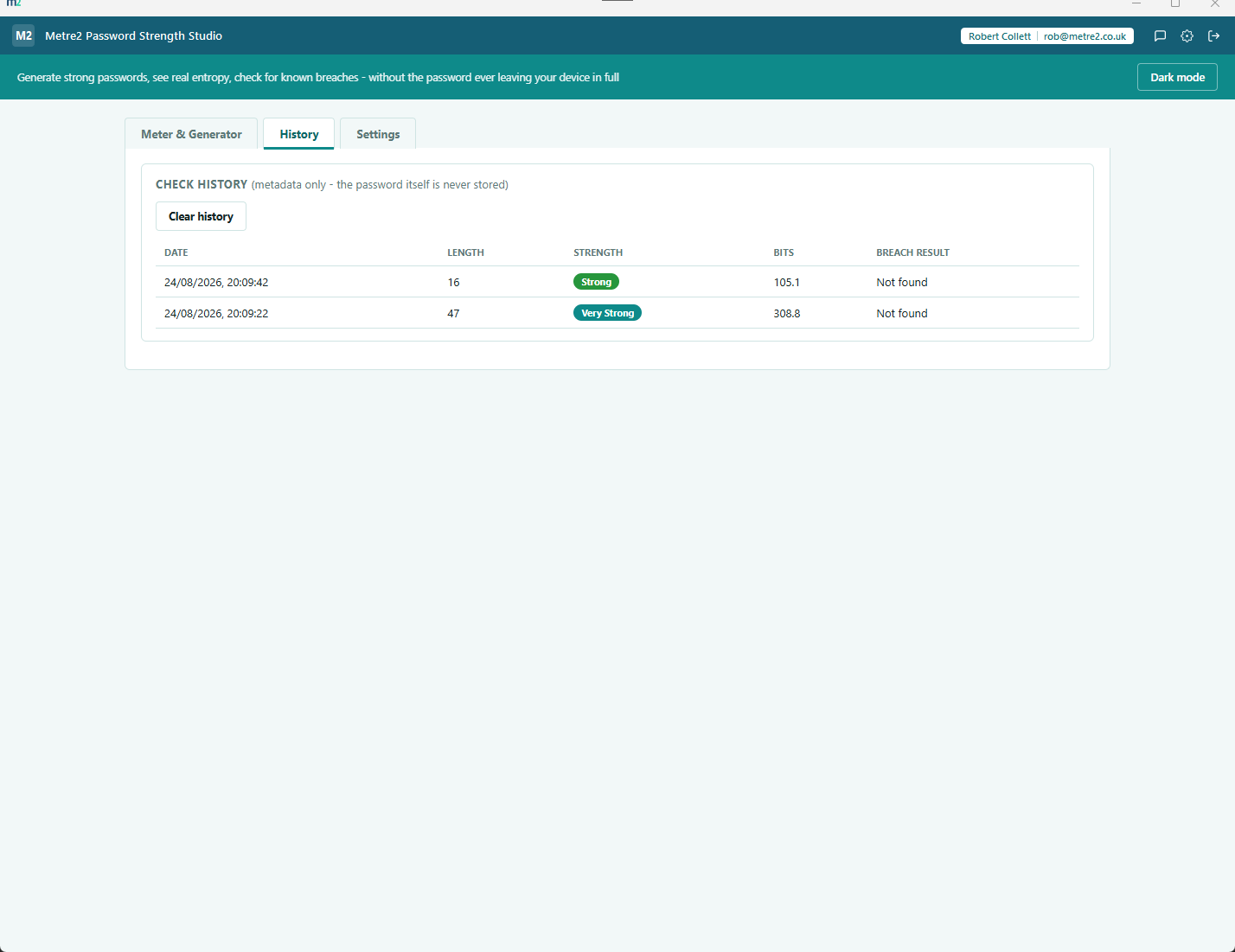 Metre2 Password Strength Studio History tab showing a table of past checks logged by length, strength band, timestamp and breach result, with no password ever stored
