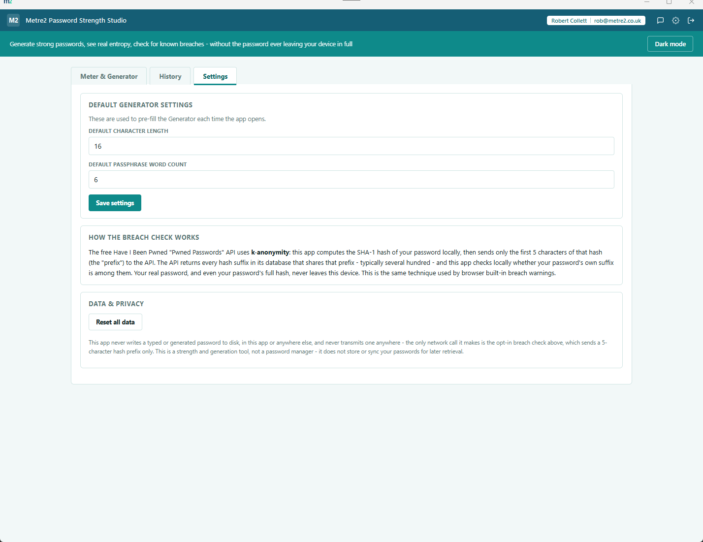 Metre2 Password Strength Studio Settings tab showing generator defaults and breach-check preferences