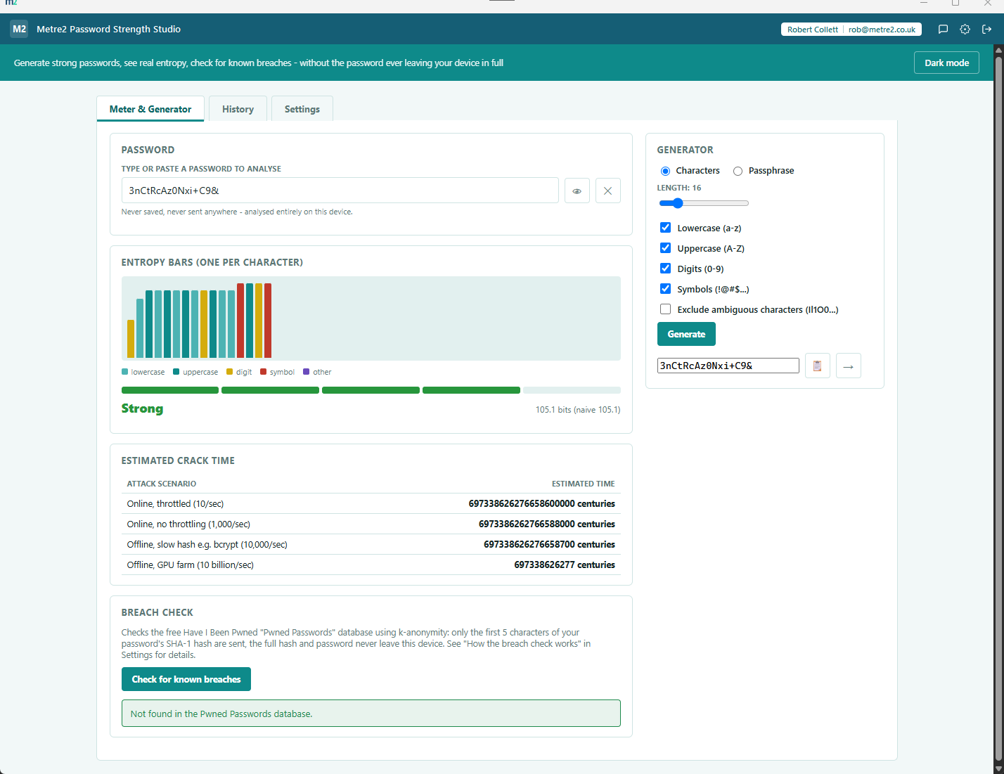 Metre2 Password Strength Studio Meter and Generator tab showing animated per-character entropy bars, a 5-segment strength meter, crack-time table, breach-check result and a generator panel