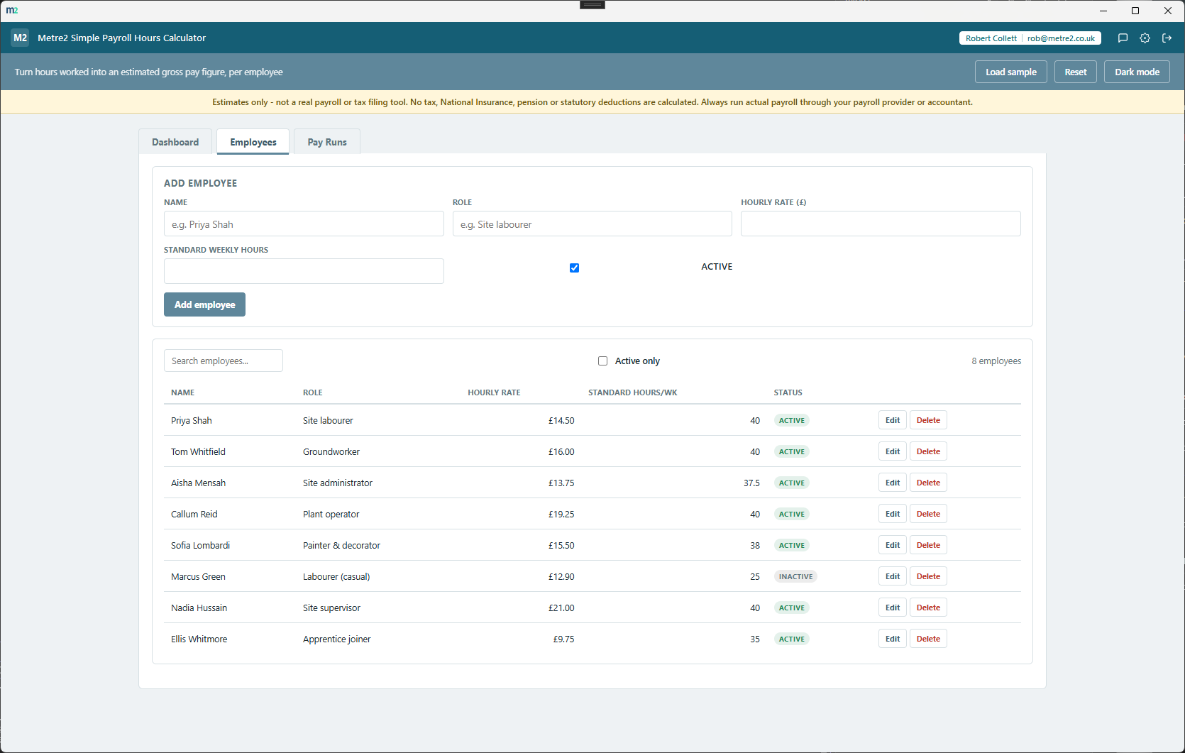 Metre2 Simple Payroll Hours Calculator's Employees tab, showing an add-employee form and a table of employees with hourly rate, standard weekly hours and status