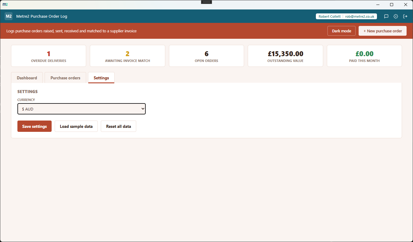 Metre2 Purchase Order Log's Settings tab showing the currency selector, load sample data and reset all data controls