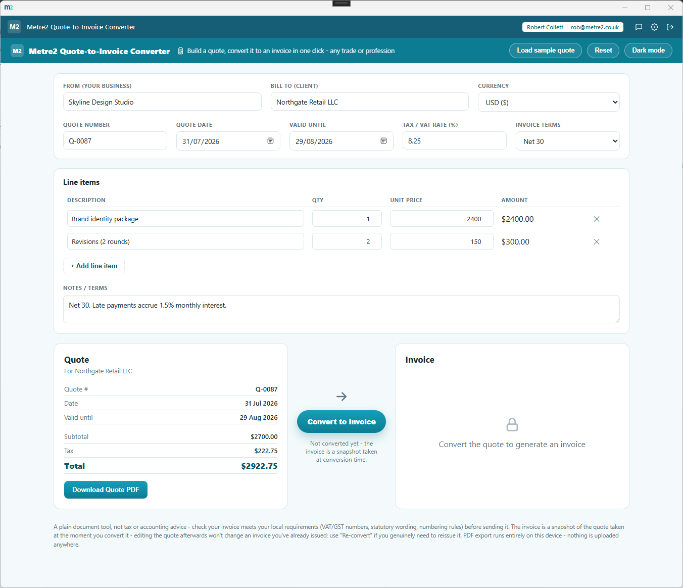 Metre2 Quote-to-Invoice Converter showing a quote for Skyline Design Studio, ready to convert to an invoice