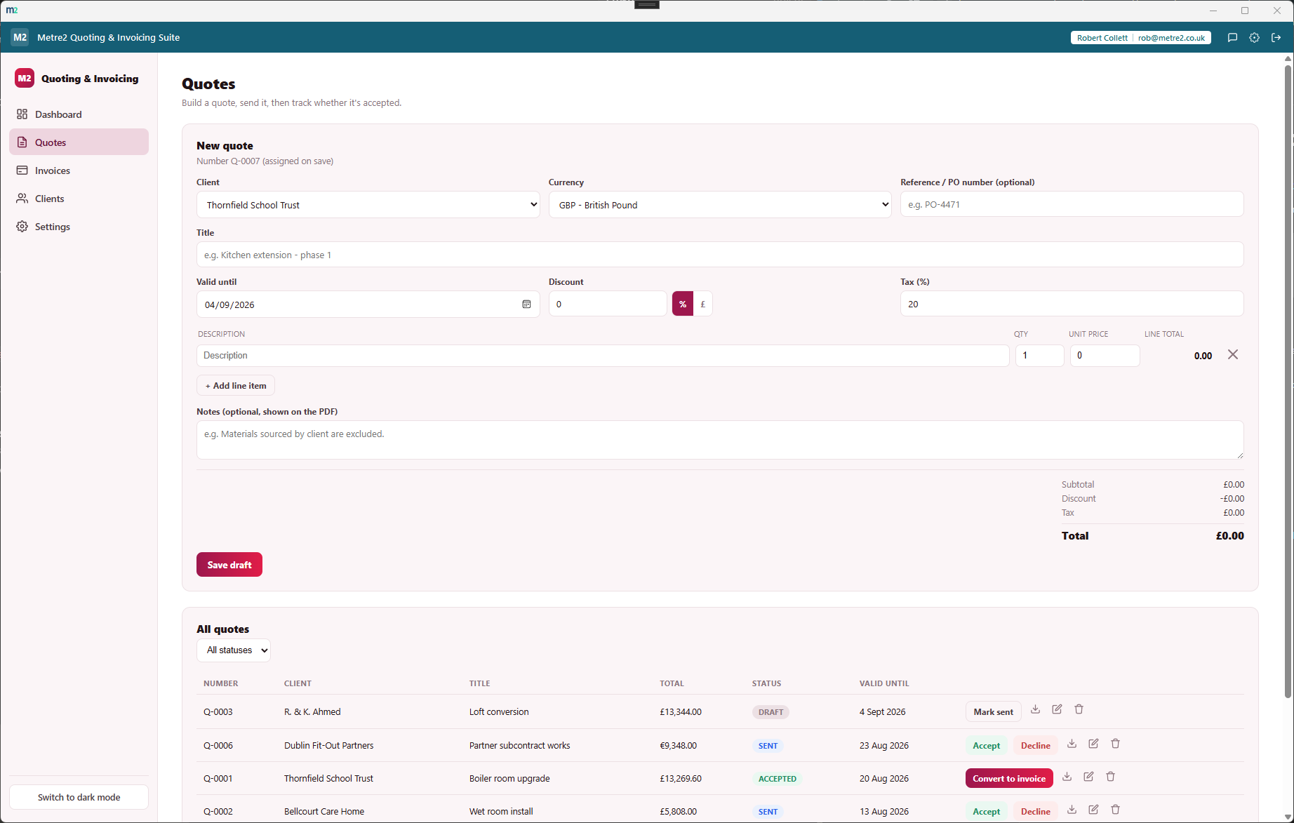 Quoting & Invoicing Suite's Quotes page showing the quote builder and the full quotes table with status-workflow actions