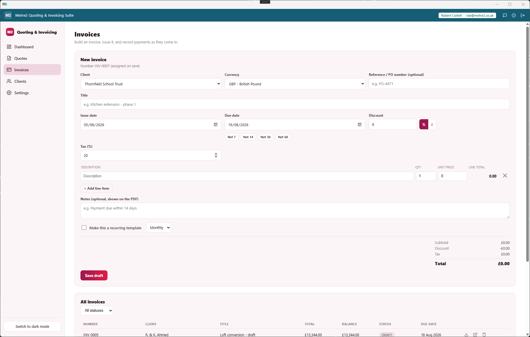 Quoting & Invoicing Suite's Invoices page showing the invoice builder with payment-term quick-set buttons and recurring template option