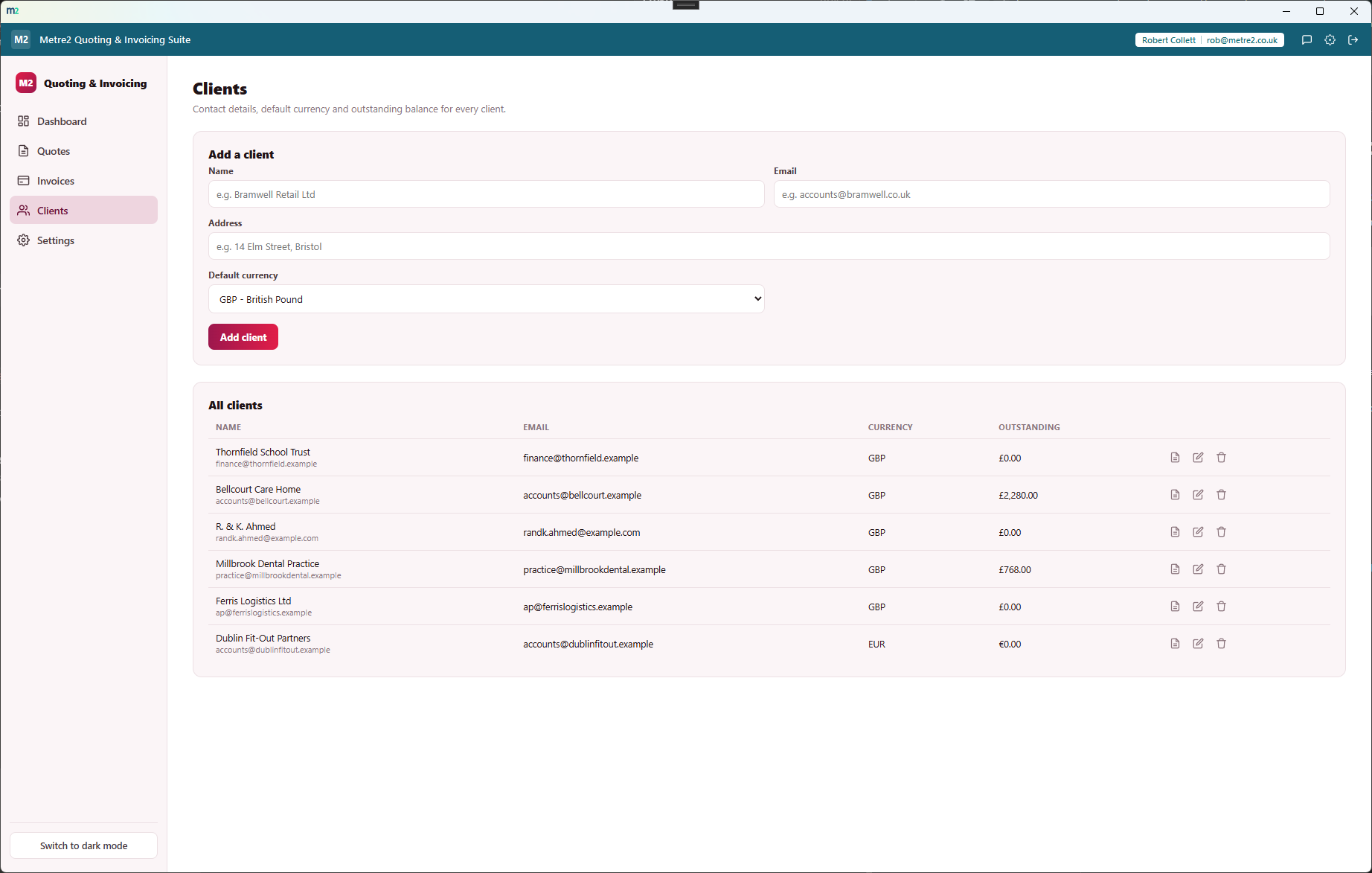 Quoting & Invoicing Suite's Clients page showing the client directory with default currency and live outstanding balance