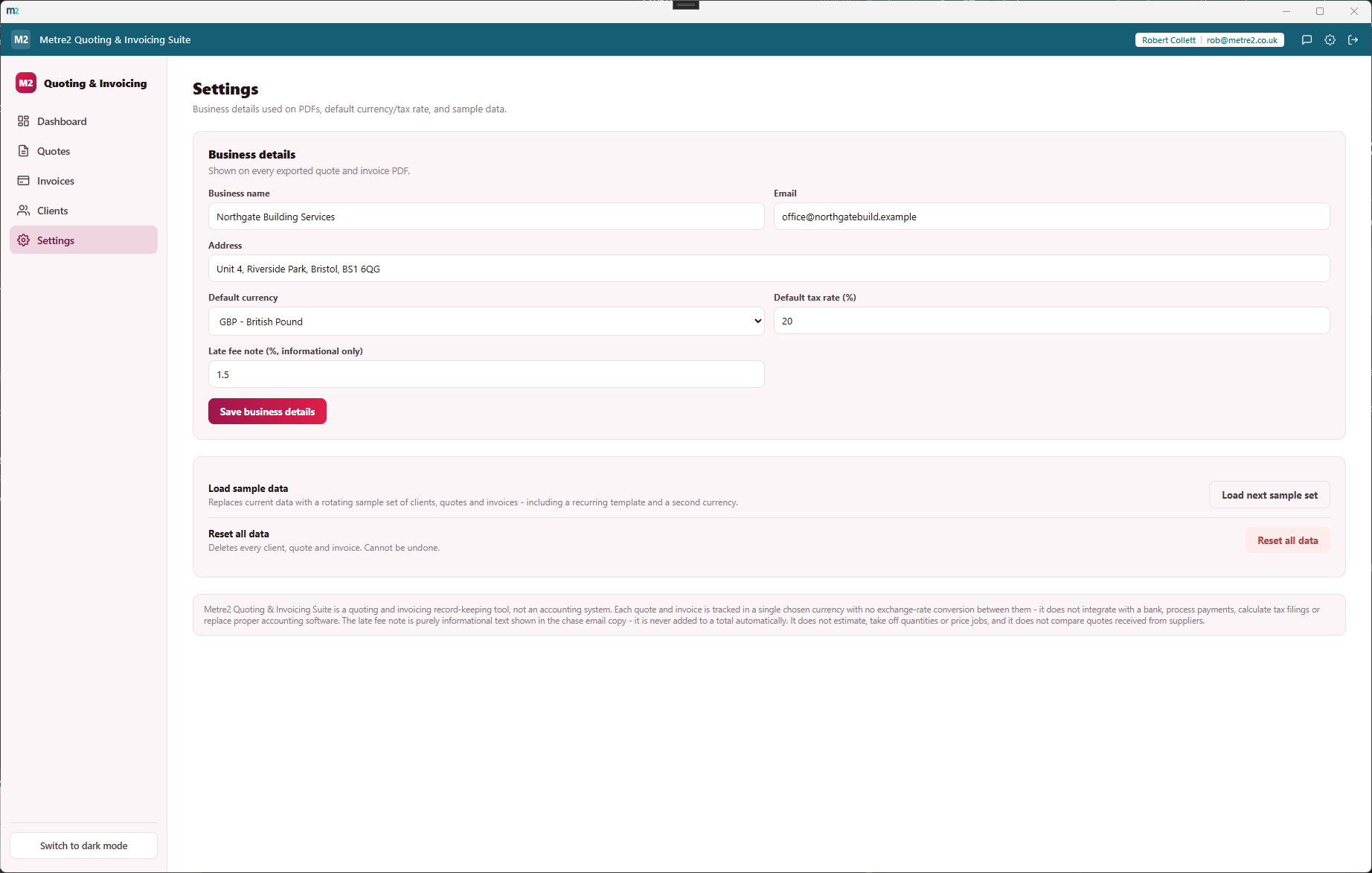 Quoting & Invoicing Suite's Settings page showing business details, late fee note, and sample data controls