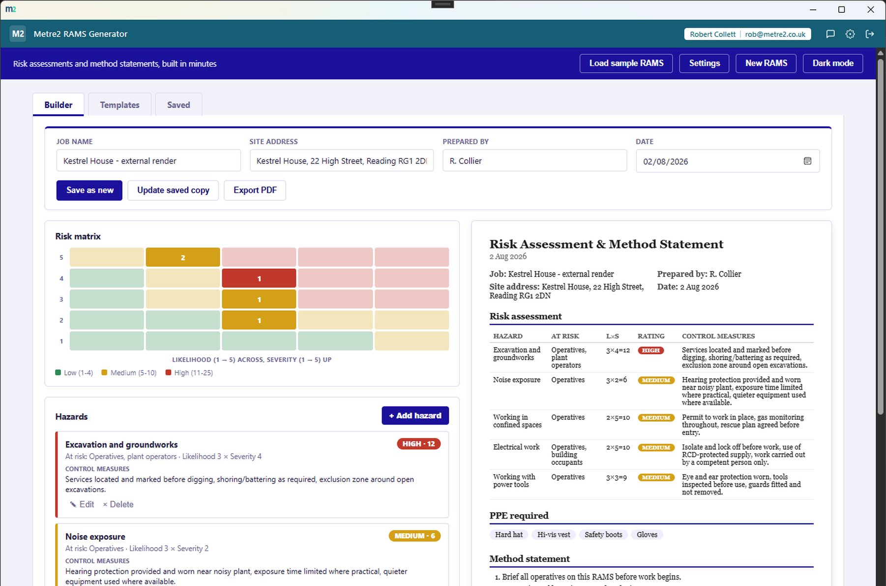 RAMS Generator's Builder tab - job details, a colour-coded 5x5 risk matrix and hazard cards on the left, alongside the start of the live RAMS document preview