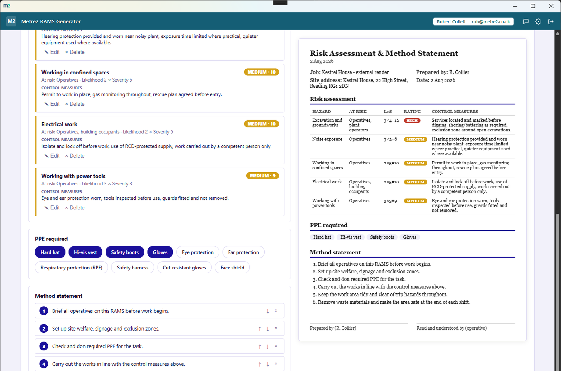 RAMS Generator's Builder tab scrolled down to show PPE toggle chips and a reorderable method statement, alongside the full live document preview