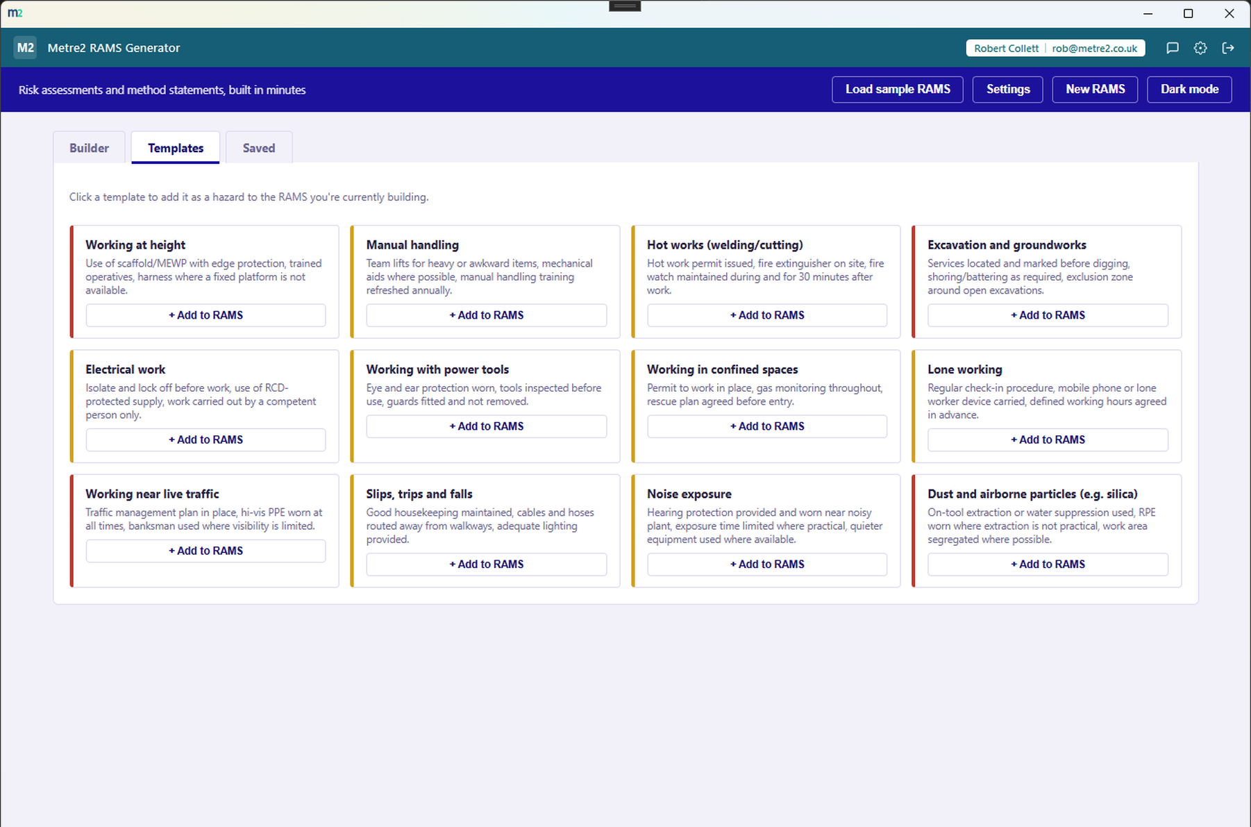 RAMS Generator's Templates tab showing a dozen one-click hazard templates for common construction risks