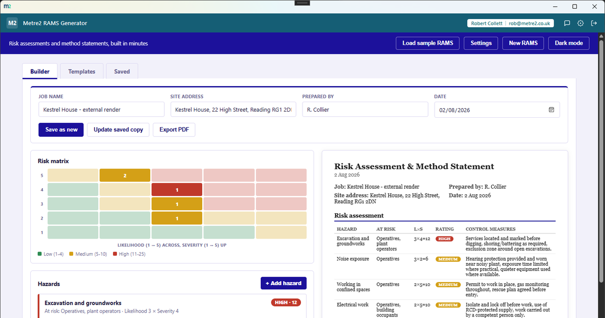 Metre2 RAMS Generator's split-screen Builder - a colour-coded 5x5 risk matrix and hazard cards on the left, a live RAMS document preview on the right