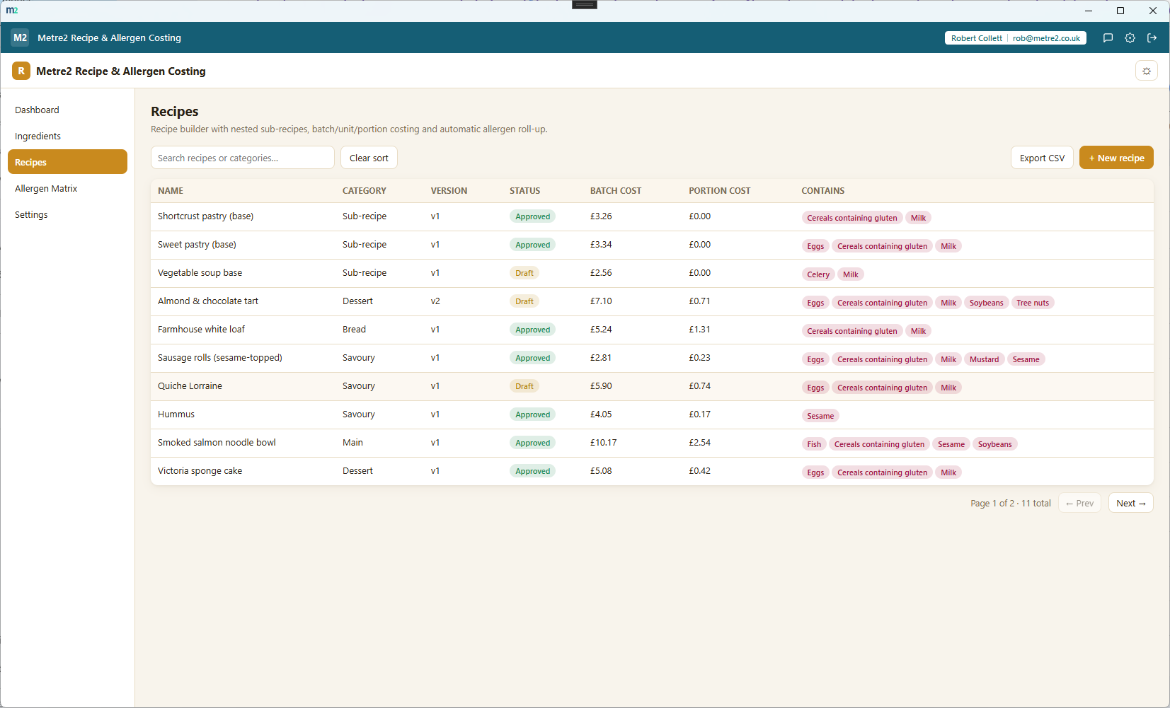 The recipe list, showing version, approval status, batch and portion cost, and rolled-up allergens