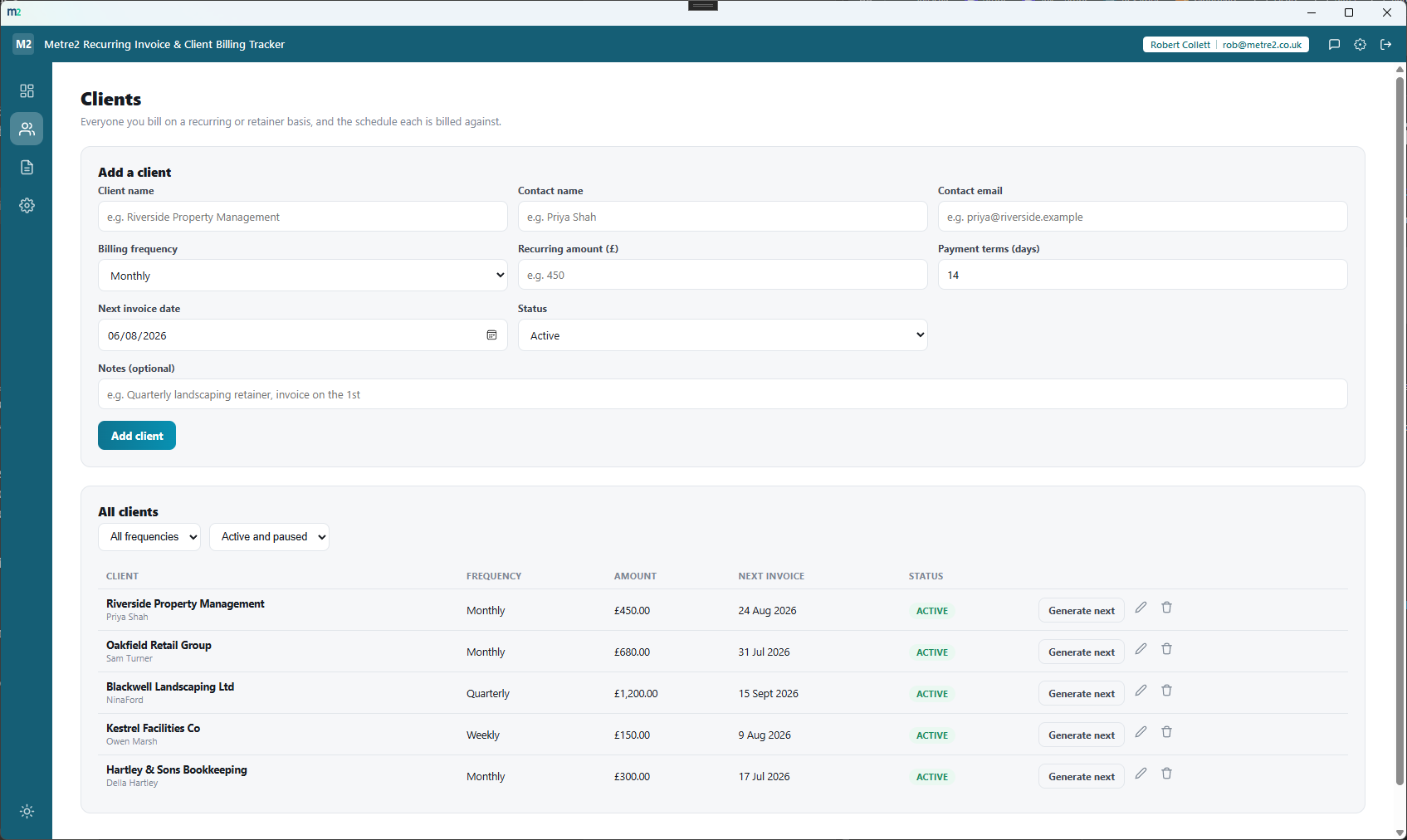 Recurring Invoice & Client Billing Tracker's Clients page showing the add-client form and a filterable table of billing frequencies and next invoice dates