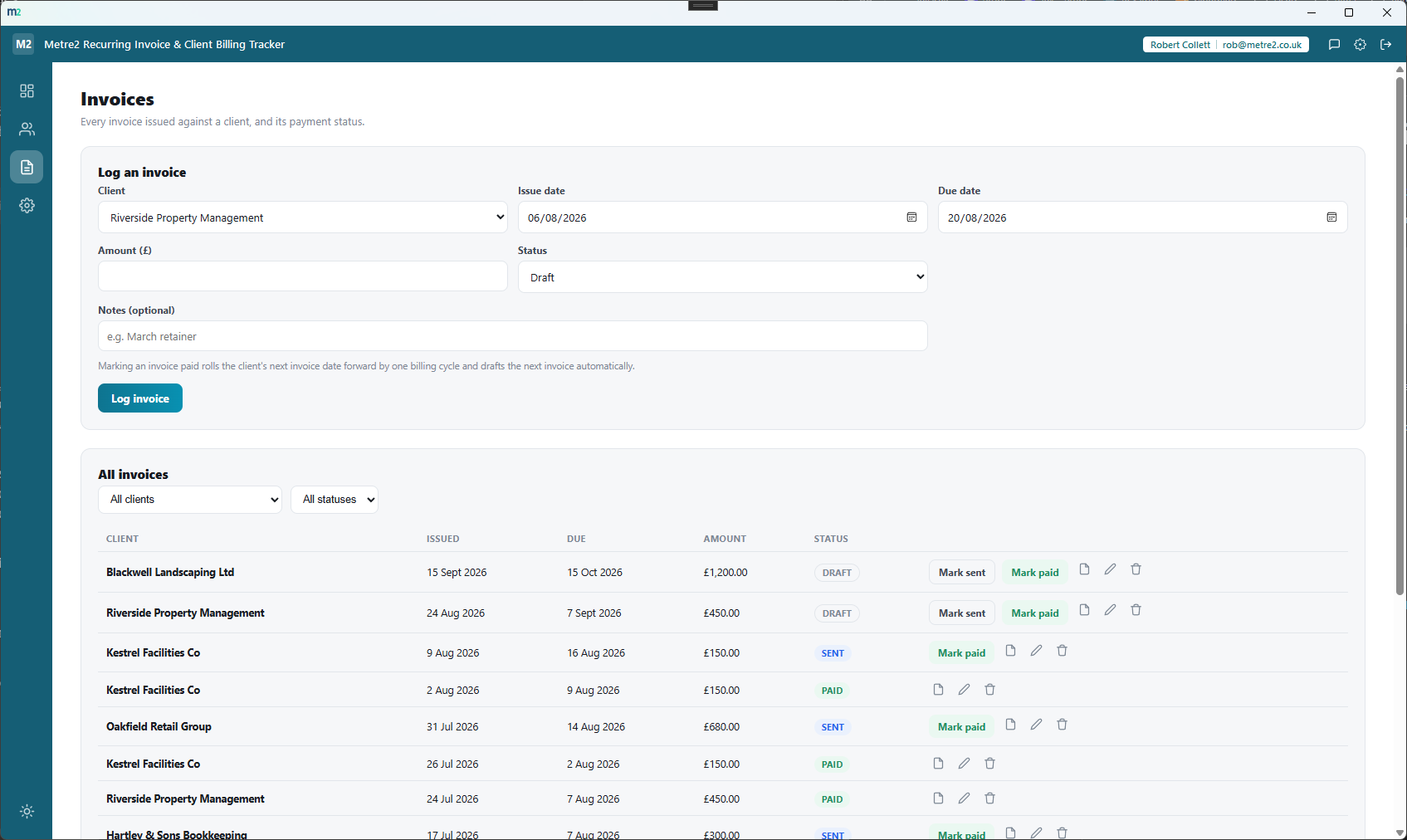 Recurring Invoice & Client Billing Tracker's Invoices page showing the log-an-invoice form and a filterable table of every invoice and its payment status