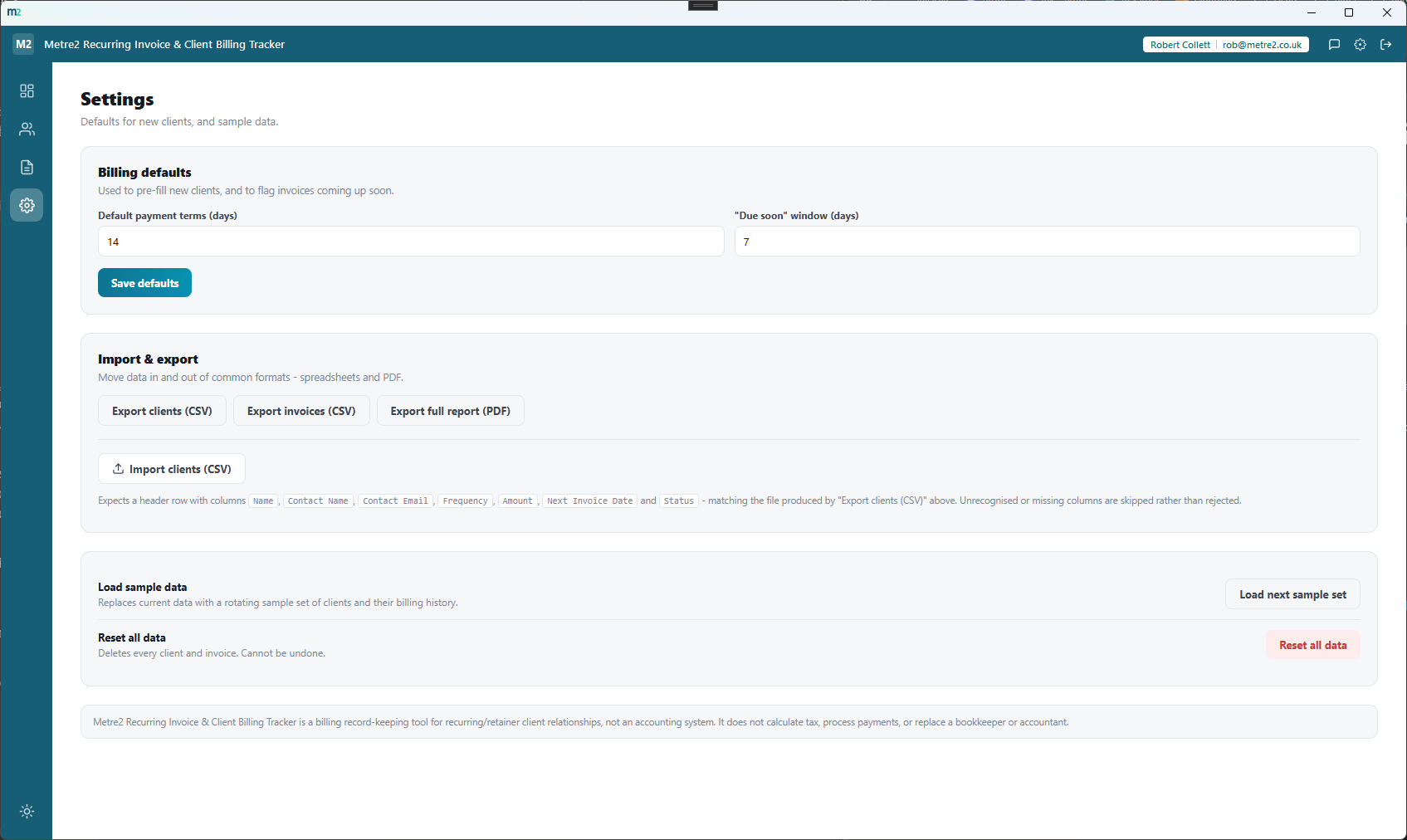 Recurring Invoice & Client Billing Tracker's Settings page showing billing defaults, CSV/PDF import and export options, and sample data controls