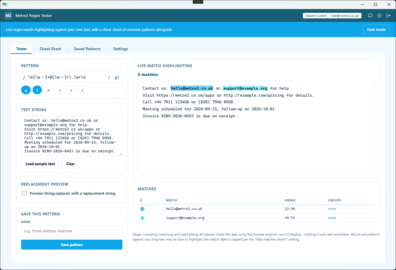 Metre2 Regex Tester's Tester tab showing a pattern input with flag chips on the left, and a live highlight canvas with two matched email addresses picked out in colour on the right, above a match results table