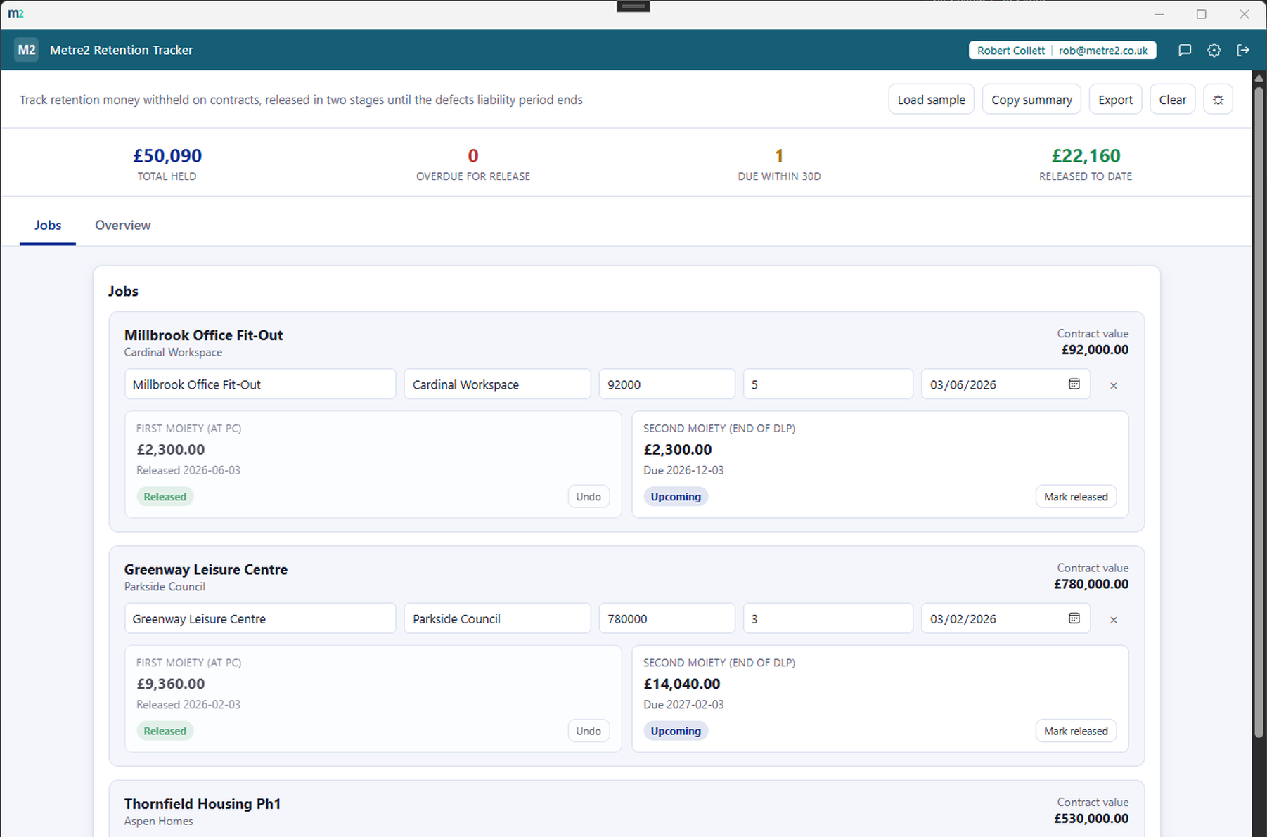 Metre2 Retention Tracker's Jobs tab showing job cards each with a two-rung release ladder for the first and second retention moieties