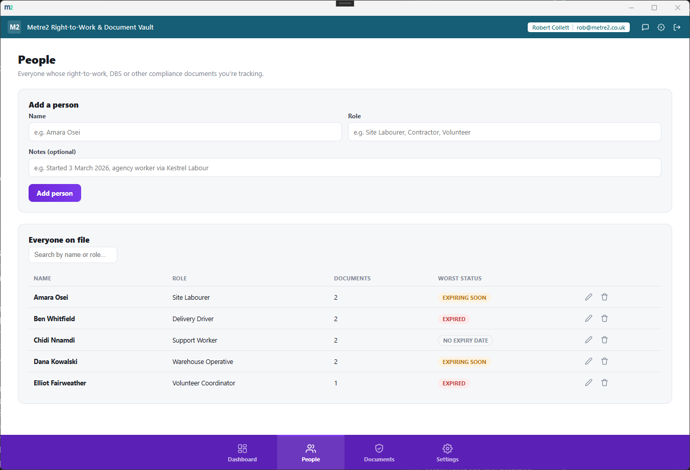 Right-to-Work & Document Vault's People page showing the add-person form and a filterable table of everyone on file with their worst document status