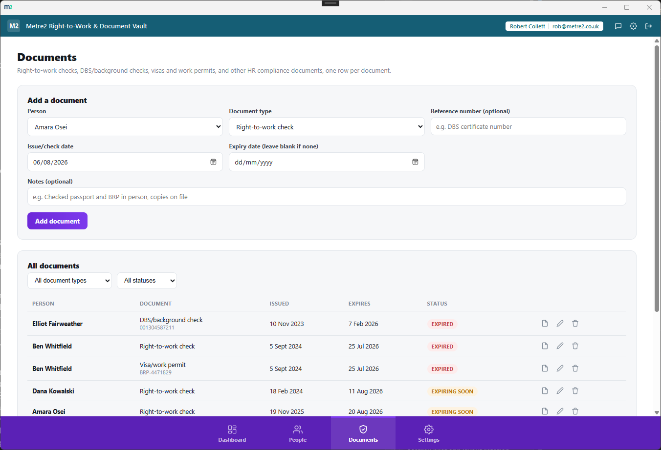 Right-to-Work & Document Vault's Documents page showing the add-document form and a filterable table of right-to-work checks, DBS checks and permits