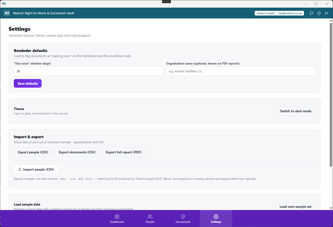 Right-to-Work & Document Vault's Settings page showing the due-soon window, theme toggle, and CSV/PDF import and export options