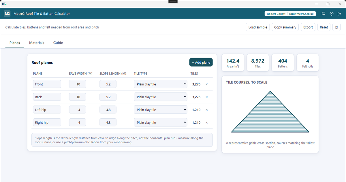 Metre2 Roof Tile & Batten Calculator showing roof planes and a tile-course diagram