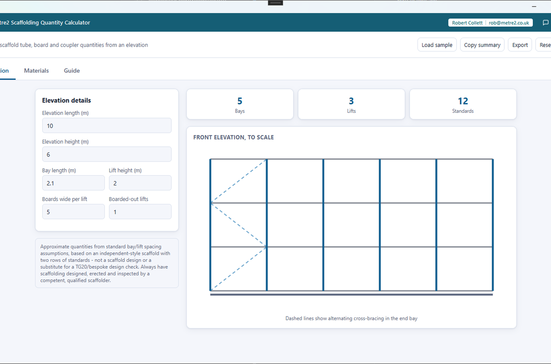 Metre2 Scaffolding Quantity Calculator's Elevation tab showing a to-scale front elevation lattice with cross-bracing