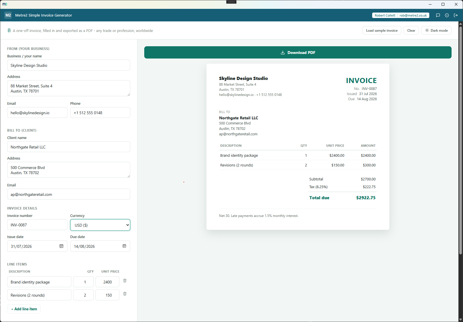 Metre2 Simple Invoice Generator showing a filled-in invoice with a live preview and Download PDF button