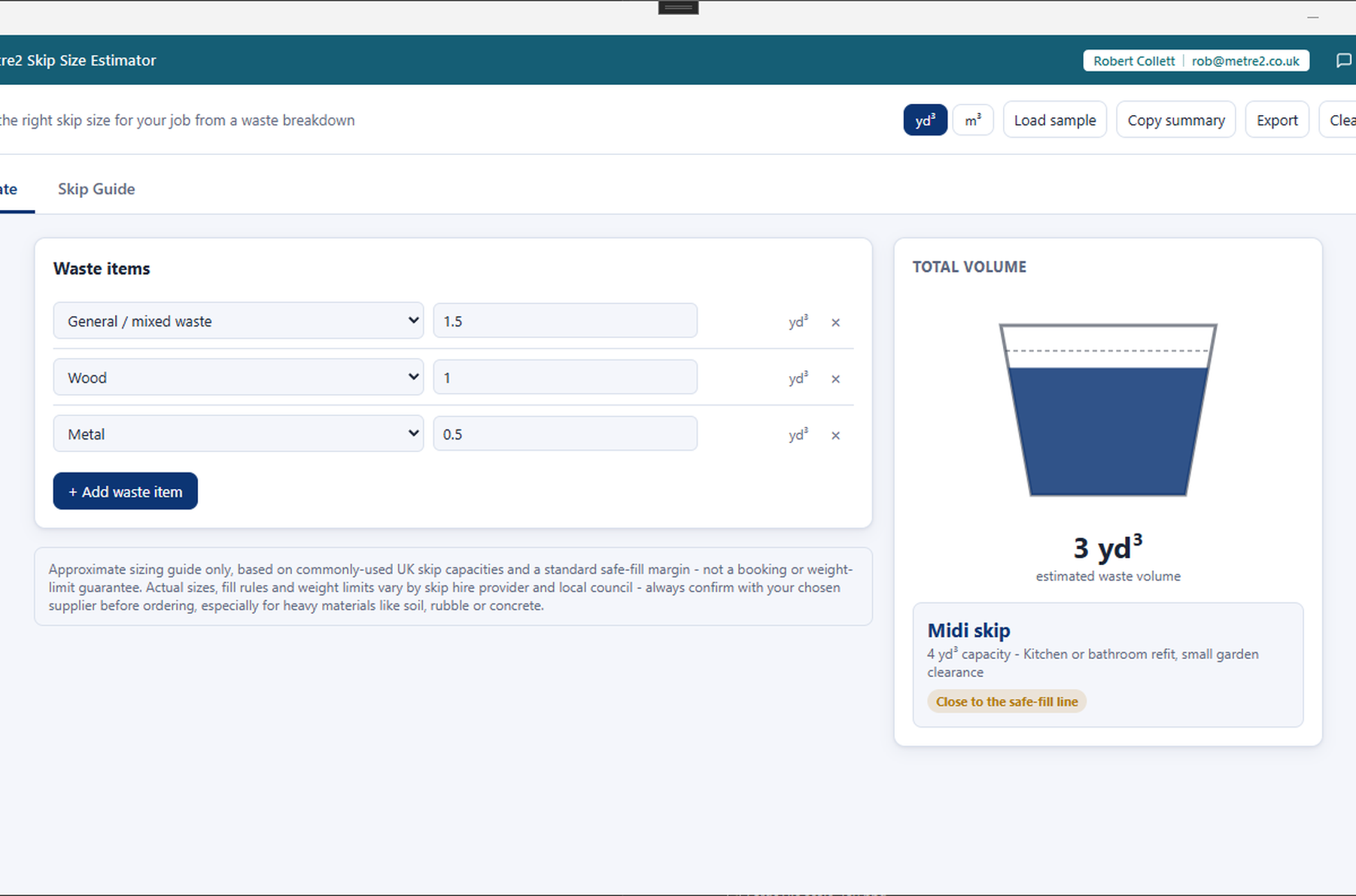 Metre2 Skip Size Estimator's Estimate tab showing a waste item list and the filling skip visual with a midi skip recommendation