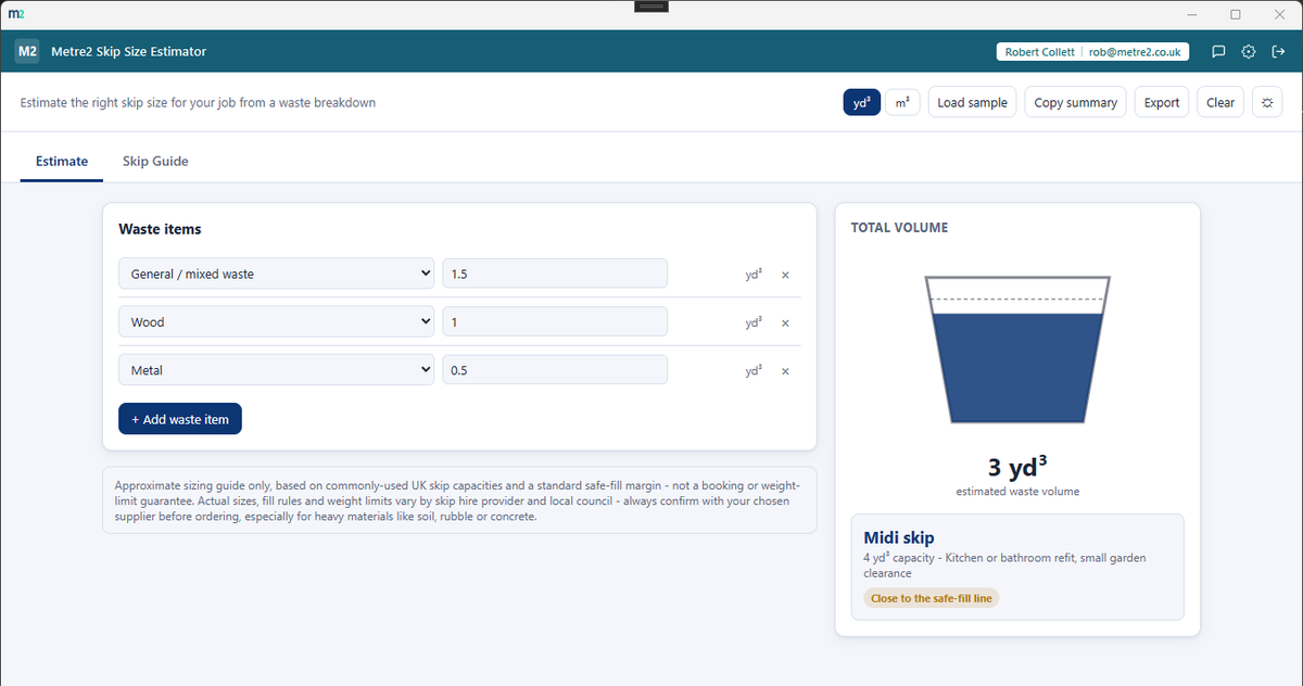 Metre2 Skip Size Estimator's Estimate tab showing a waste item list, a filling skip visual, and a recommended midi skip