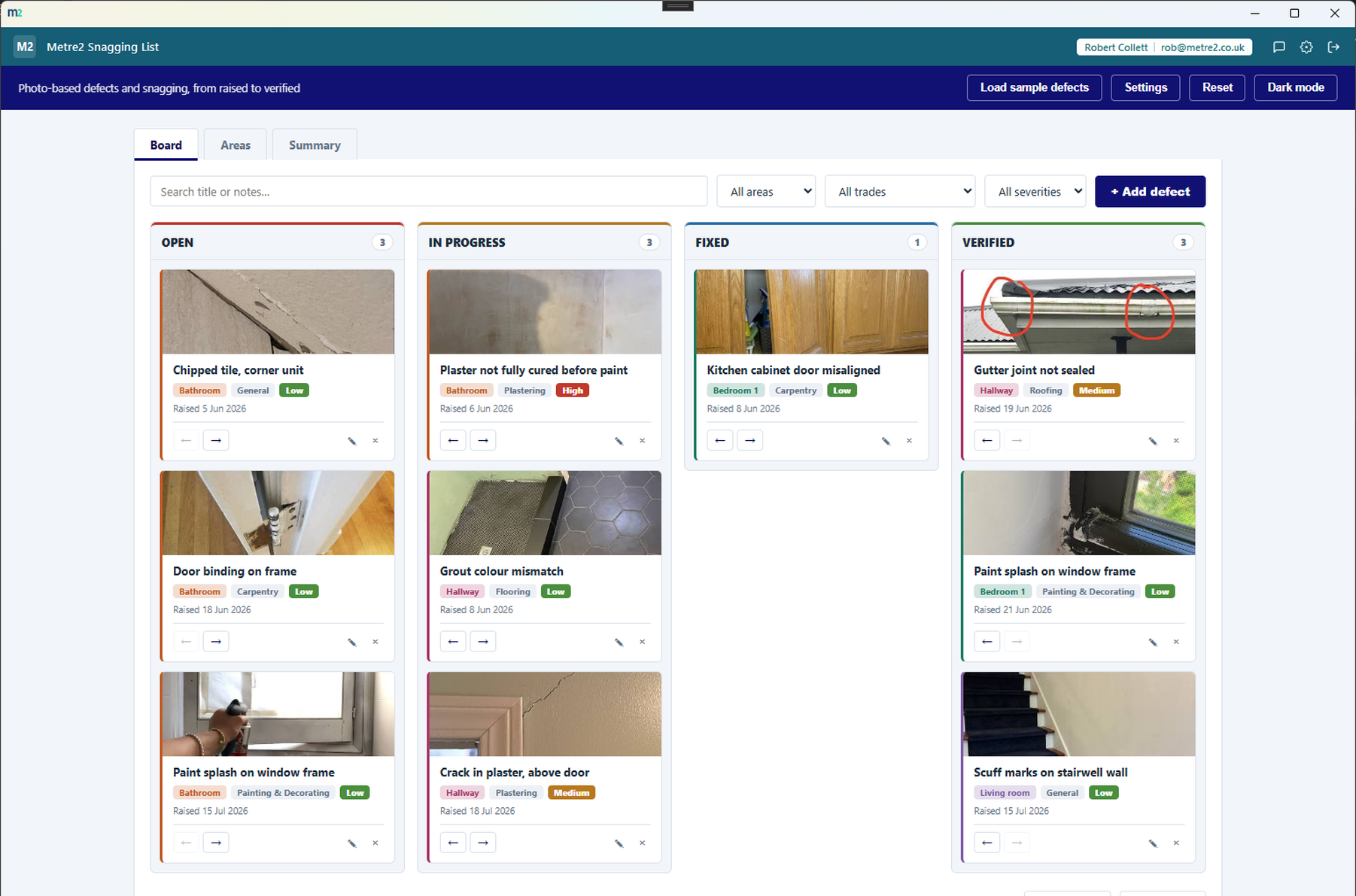 The Board tab showing photo defect cards across Open, In Progress, Fixed and Verified columns