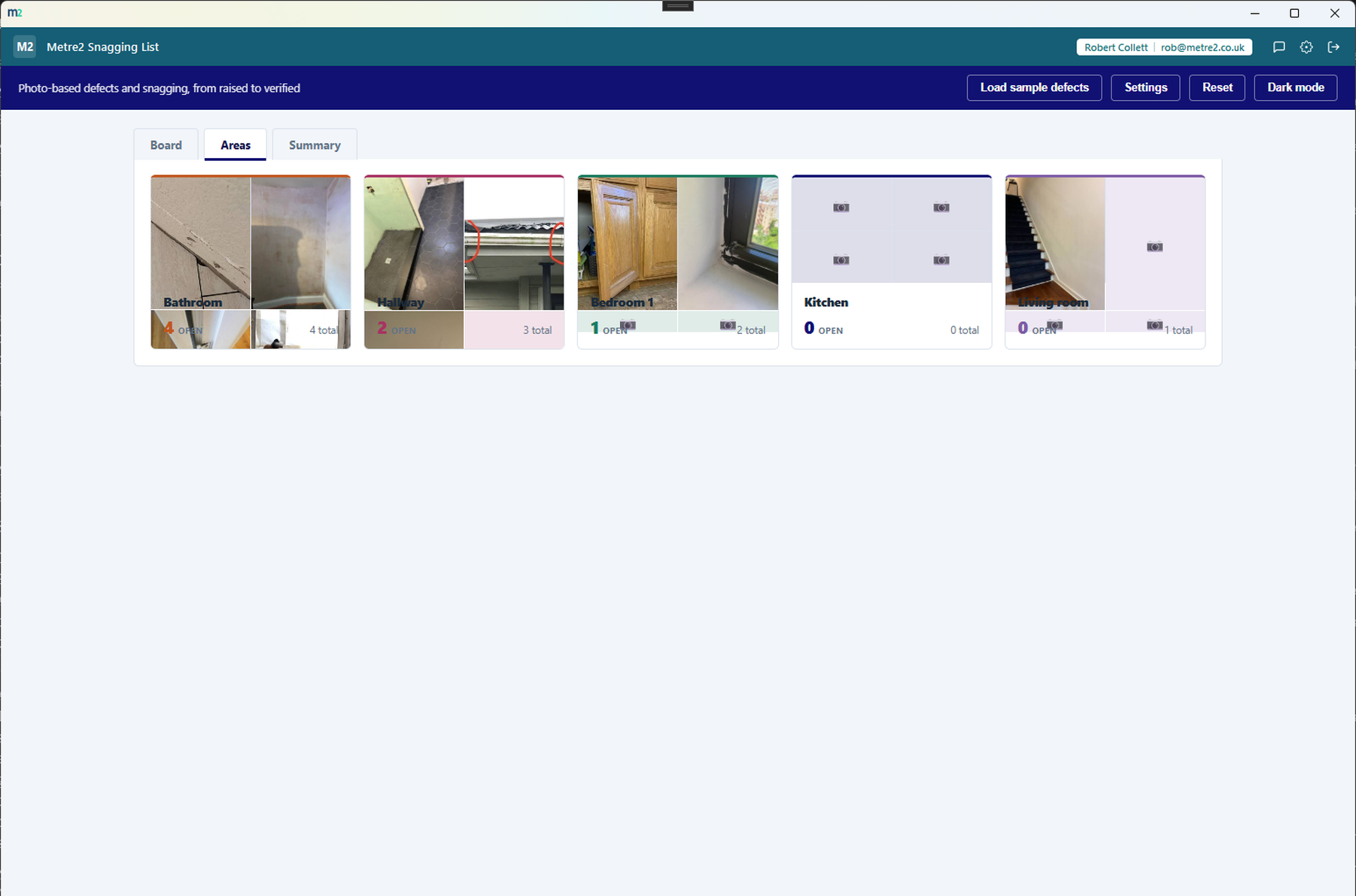 The Areas tab showing a photo-collage grid of defects rolled up by room