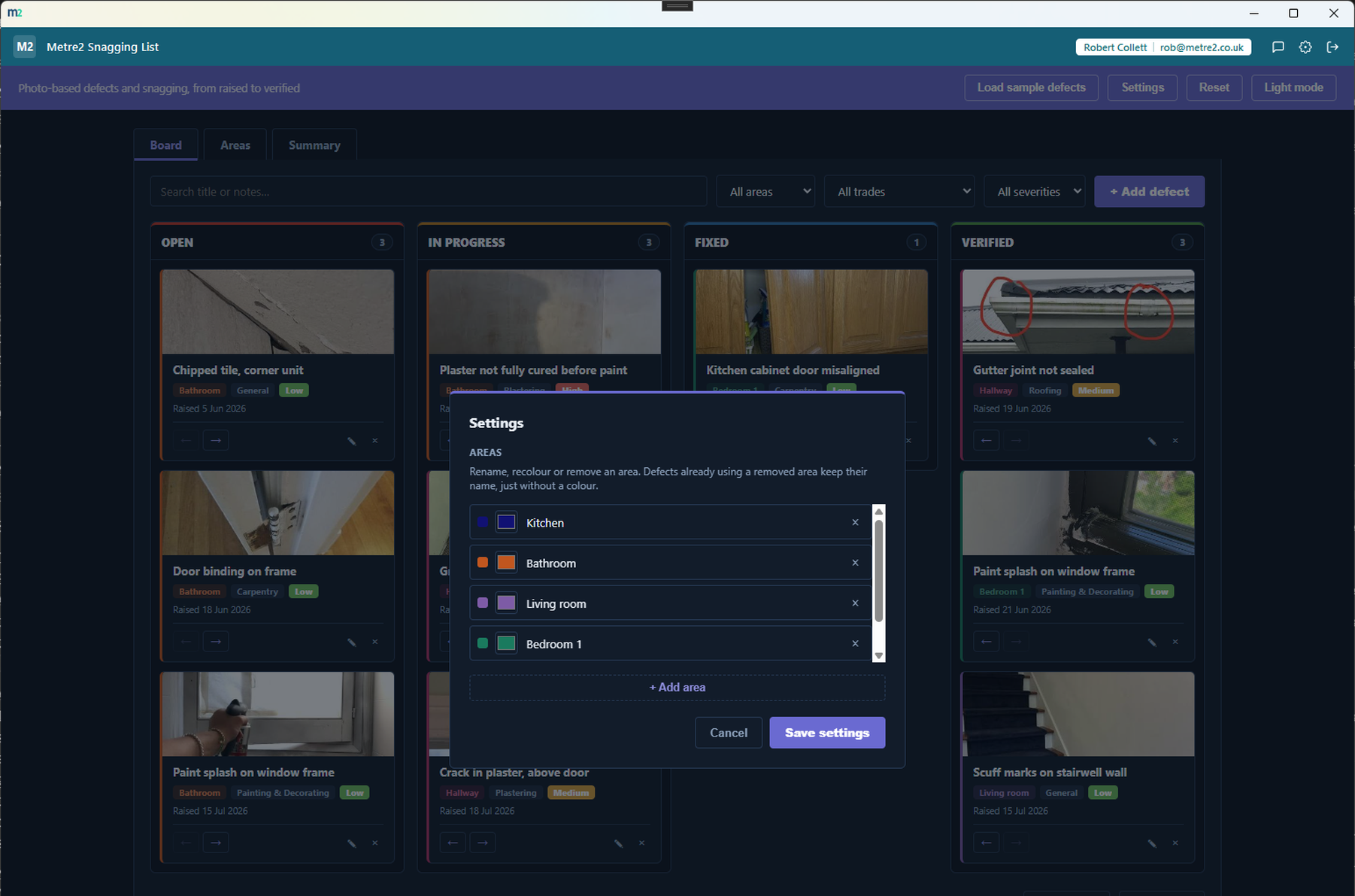 The Board tab in dark mode with the Settings dialog open for editing areas