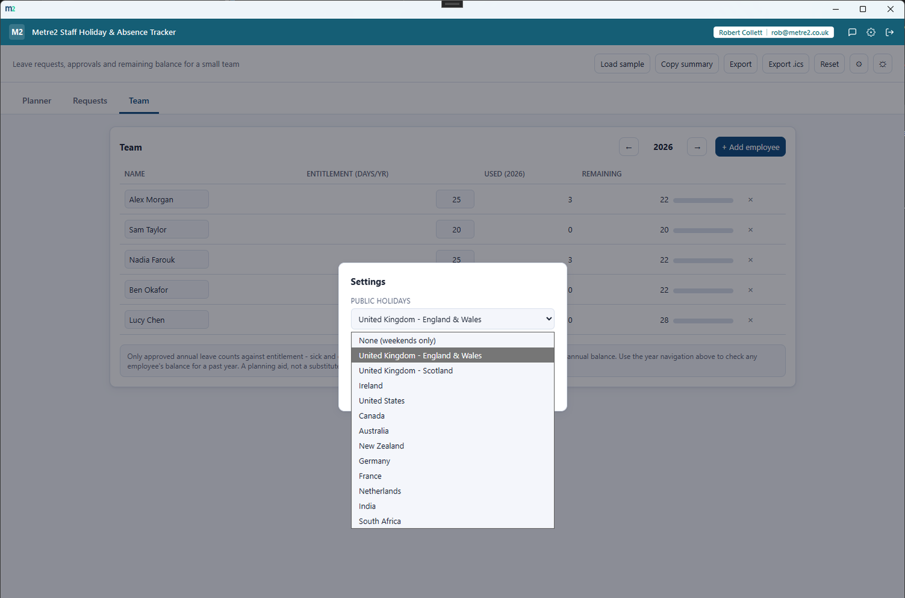 Staff Holiday & Absence Tracker's Settings modal showing the public holidays dropdown with all 12 supported countries and regions