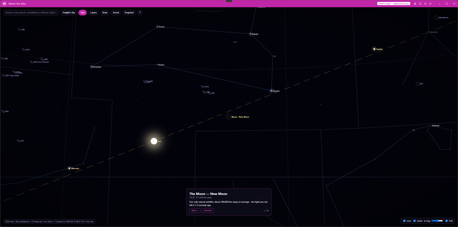 Metre2 Star Atlas tour card for the Moon, with the Sun, Mercury and Jupiter along the dashed ecliptic through Leo and Virgo's Messier galaxies marked