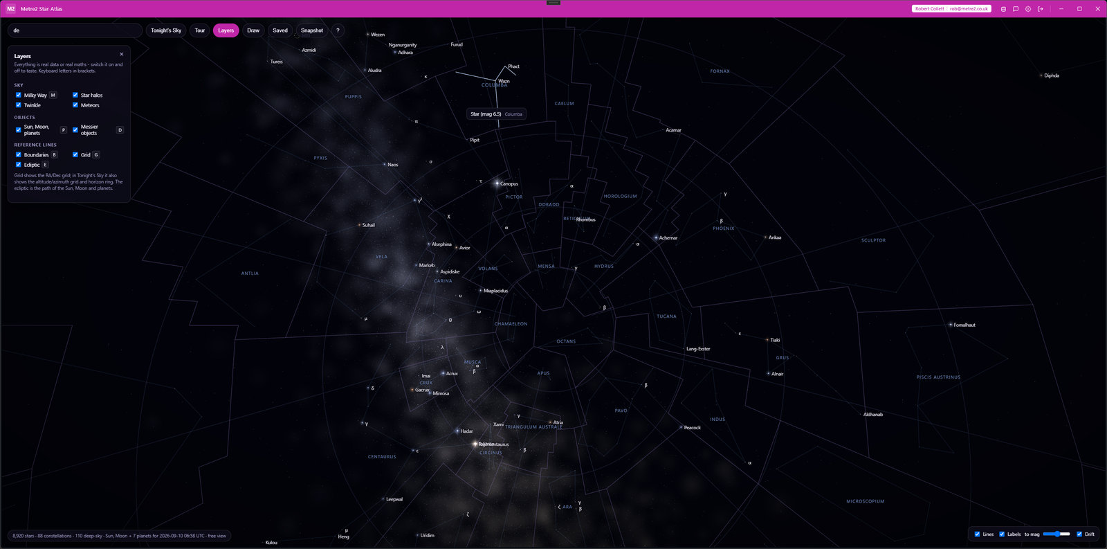 Metre2 Star Atlas Layers panel open over the southern Milky Way, with the RA/Dec grid, constellation boundaries and Crux, Carina and Centaurus labelled