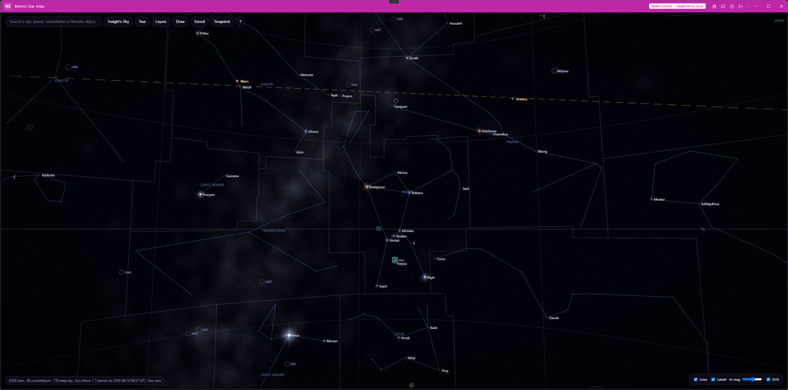 Metre2 Star Atlas in free view: Orion, Taurus, Gemini and Canis Major with constellation lines, boundaries and labels, the winter Milky Way, and Mars and Uranus sitting on the dashed ecliptic