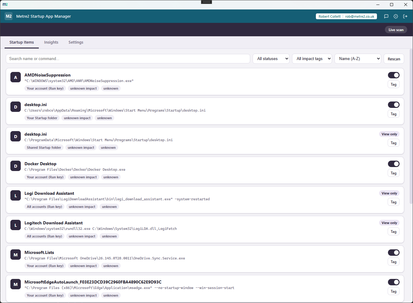 Metre2 Startup App Manager's Startup Items tab showing a list of items from the Run key and Startup folders, each with a source label, command path, and an enable/disable toggle switch
