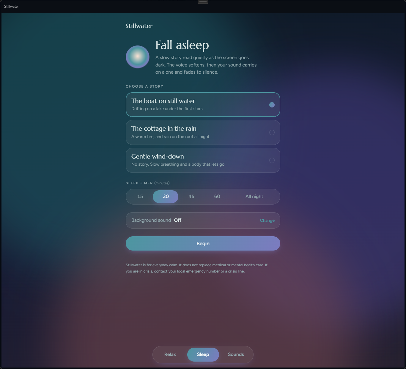 Stillwater's Sleep screen - The boat on still water selected, The cottage in the rain and Gentle wind-down below, a 30-minute sleep timer and a Begin button