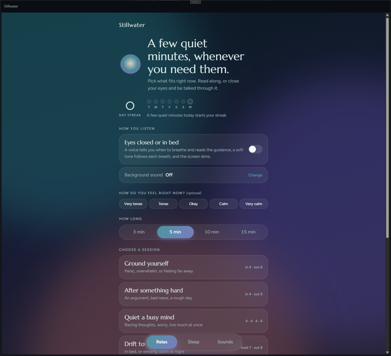 Stillwater's Relax screen - a day streak, the Eyes closed or in bed switch, a mood check-in, session length from 3 to 15 minutes and the first guided sessions, on a soft teal and plum background