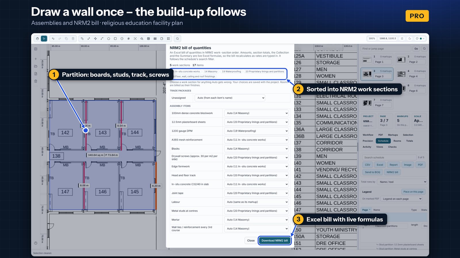 A stud partition, block wall and slab measured in Takeoff Studio Pro with their assemblies, and the NRM2 bill dialog choosing work sections