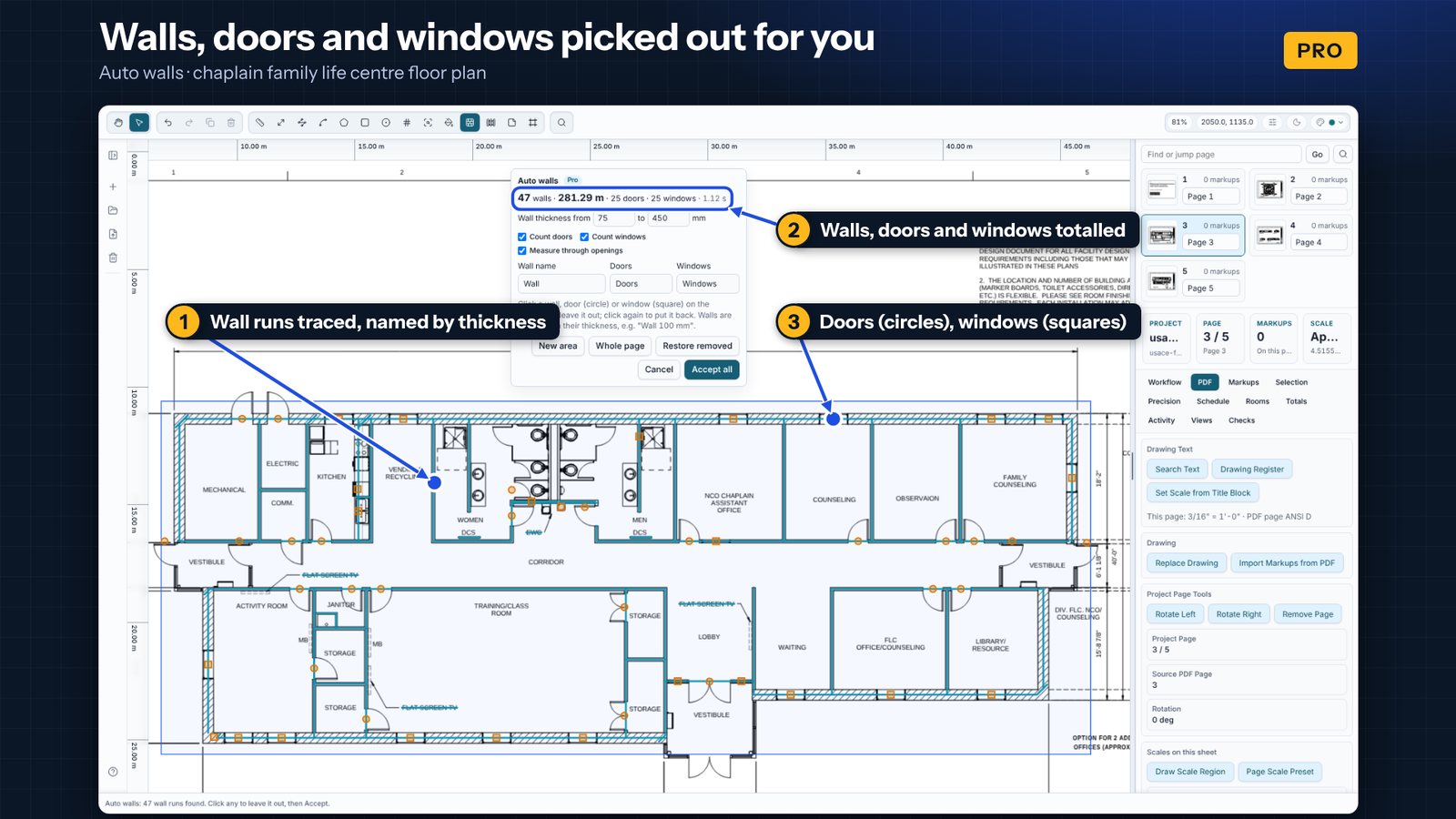 Auto walls finding the wall runs on a floor plan exported from CAD, with door swings and windows counted