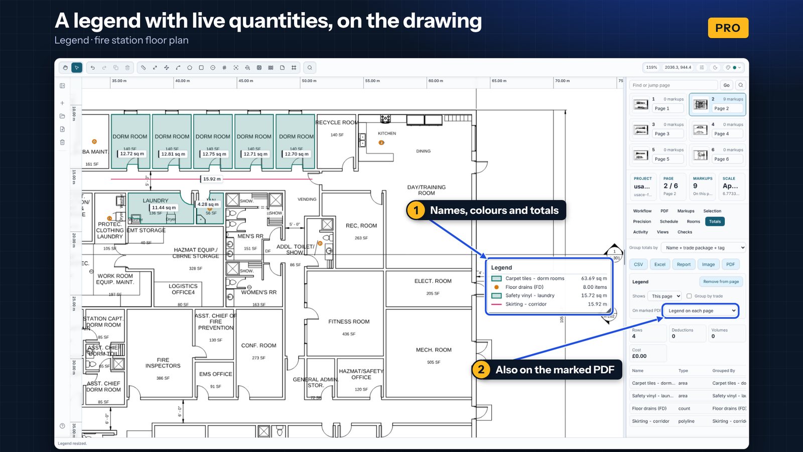 A legend of colours, names and quantities placed on a measured drawing in Takeoff Studio Pro