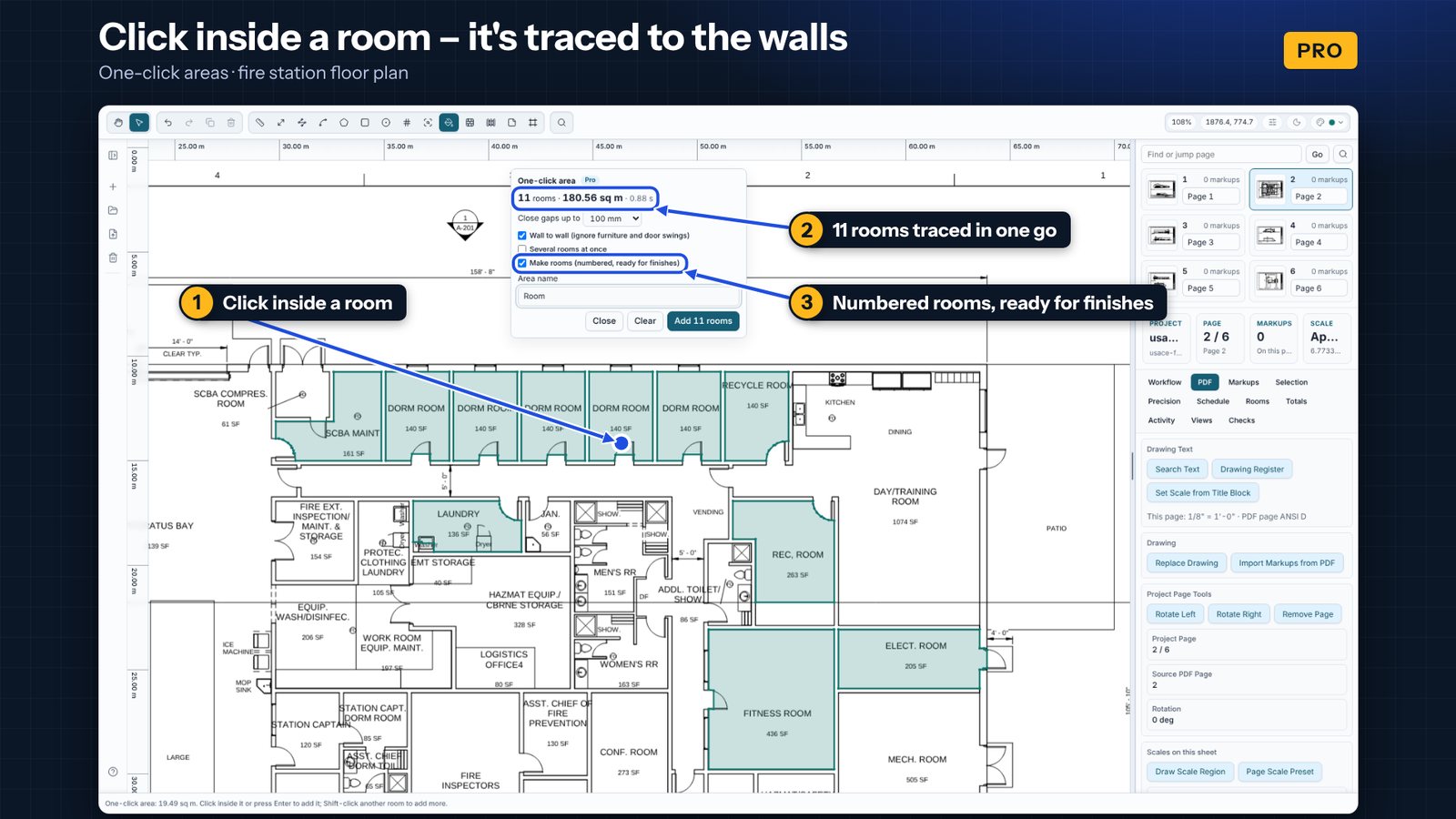 Takeoff Studio Pro tracing eleven rooms on a fire station floor plan with One-click area, ready to add as numbered rooms