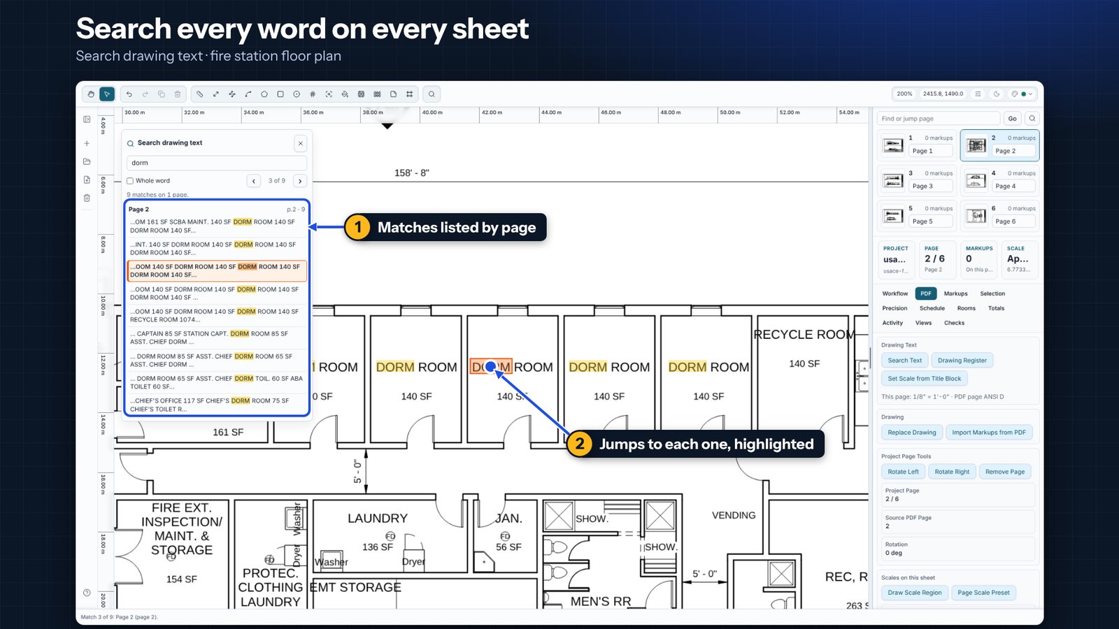 Searching the text on every page of a drawing set in Takeoff Studio, with the match outlined on the drawing