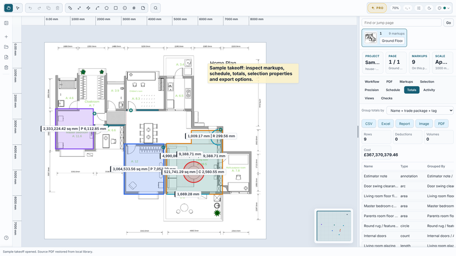Takeoff Studio totals grouped by name, trade package and tag beside a measured floor plan