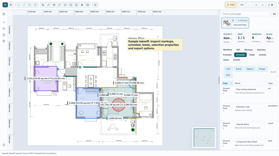 Takeoff Studio Pro's schedule with export to CSV, Excel and PDF