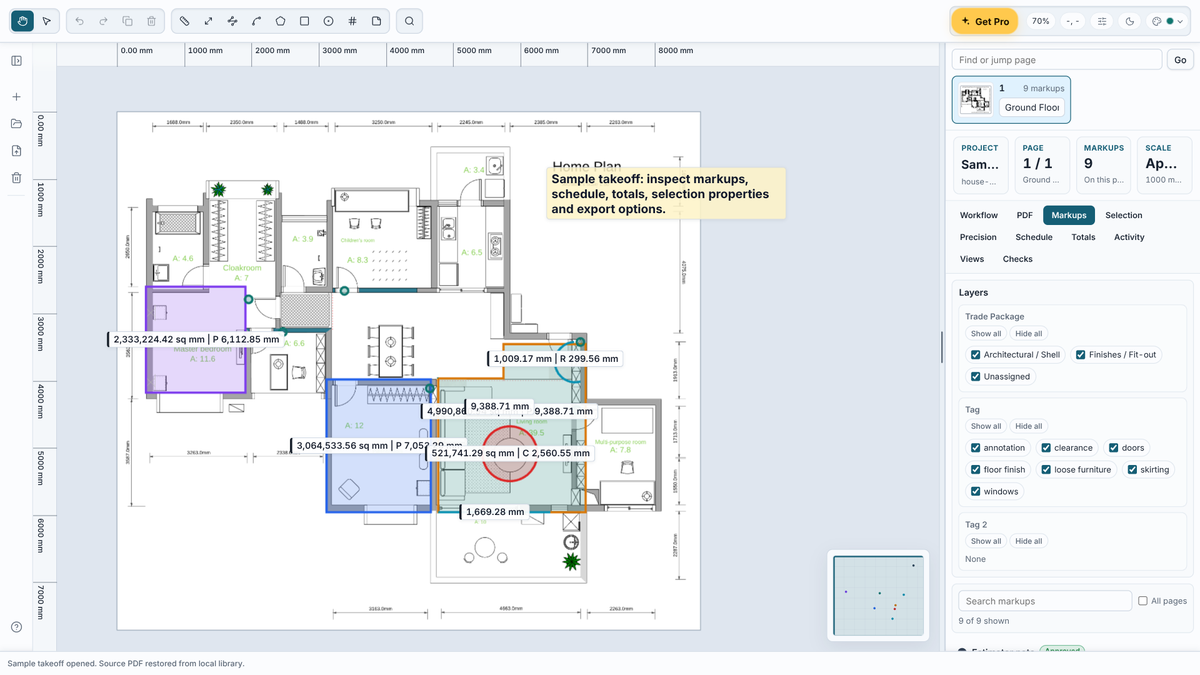Takeoff Studio measuring areas and lengths on a PDF floor plan