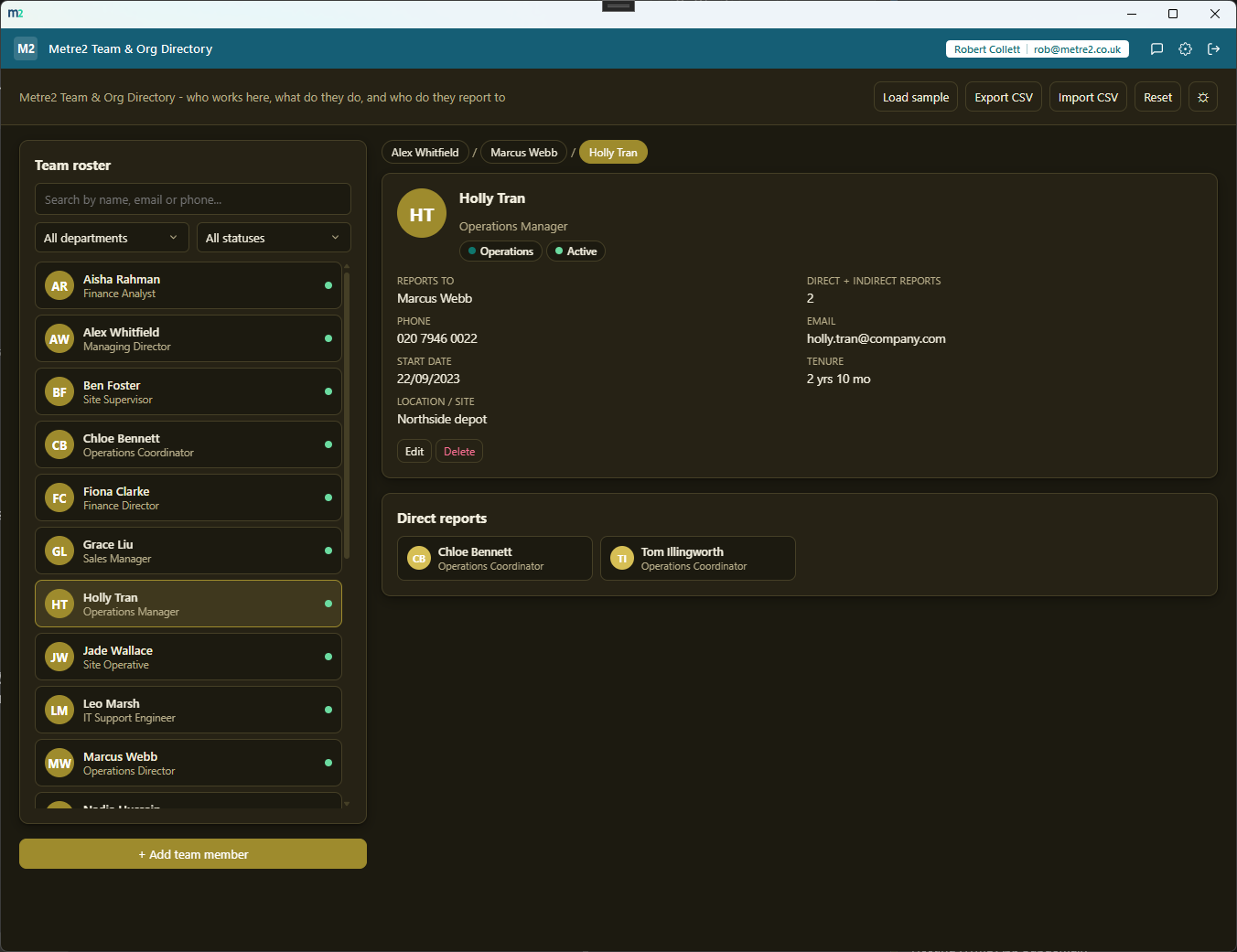 Metre2 Team & Org Directory's two-pane layout showing the roster on the left and a team member's profile, reporting chain and direct reports on the right