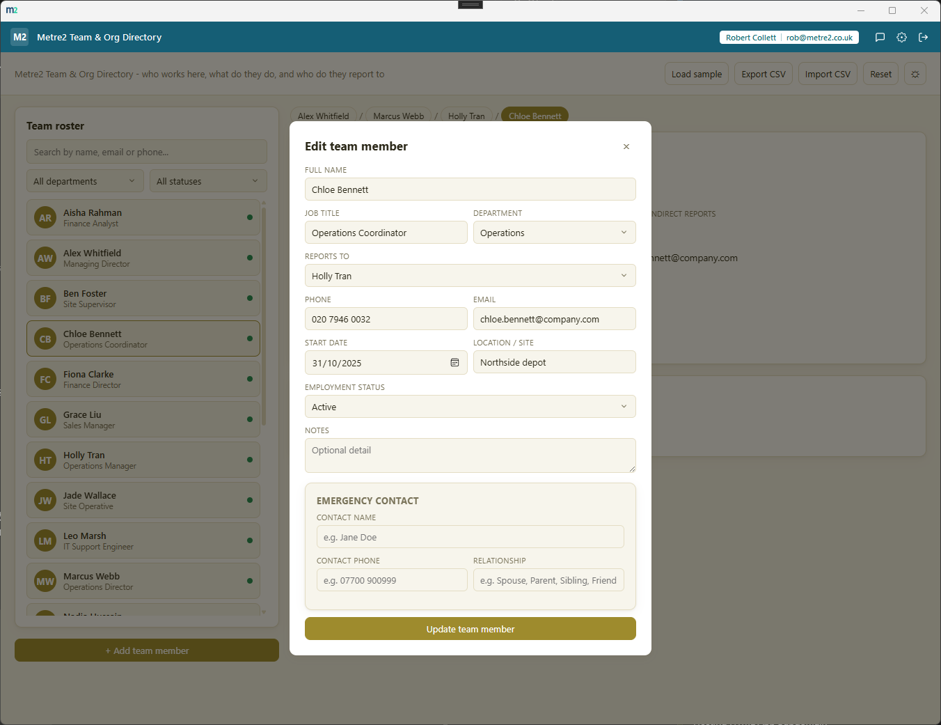 Metre2 Team & Org Directory's edit team member modal with emergency contact fields