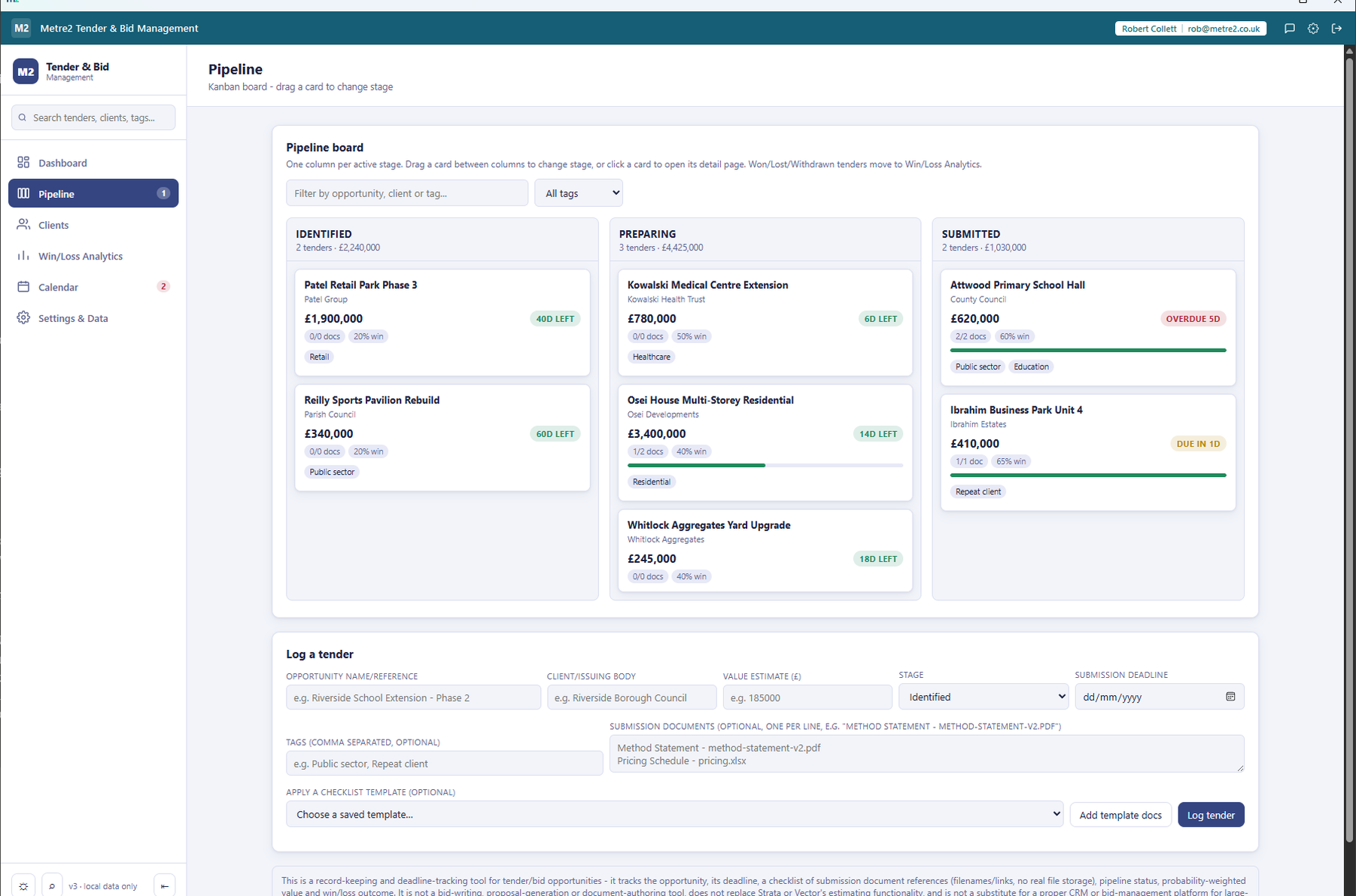 Tender & Bid Management's Pipeline page showing the drag-and-drop kanban board and the log-a-tender form
