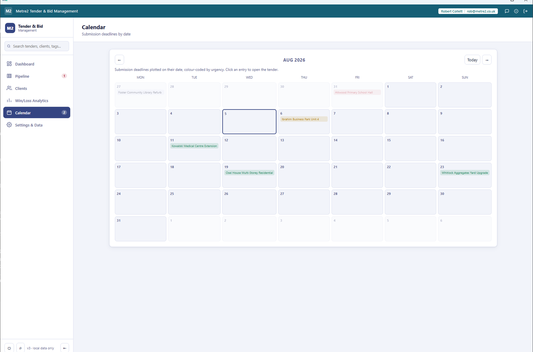 Tender & Bid Management's Calendar page plotting submission deadlines by date